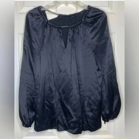 Women MAGASCHONI COLLECTION Black Silk Chain Link Detail L/s Blouse Shirt Sz 6